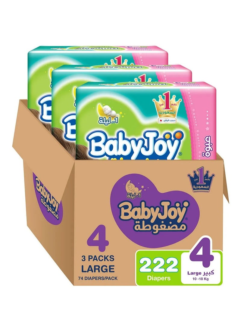 Baby Joy BabyJoy Compressed Diamond Pad Diaper, Size 4, Large, 10-18 Kg, Giant Box, 222 Tape Style Diapers 