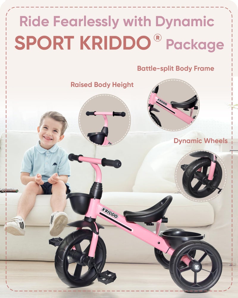 KRIDDO Kids Tricycles Age 24 Month to 4 Years, Toddler Kids Trike for 2.5 to 5 Year Old, Gift Toddler Tricycles for 2-4 Year Olds, Trikes for Toddlers, Sporty Styling, Pink - Image 2