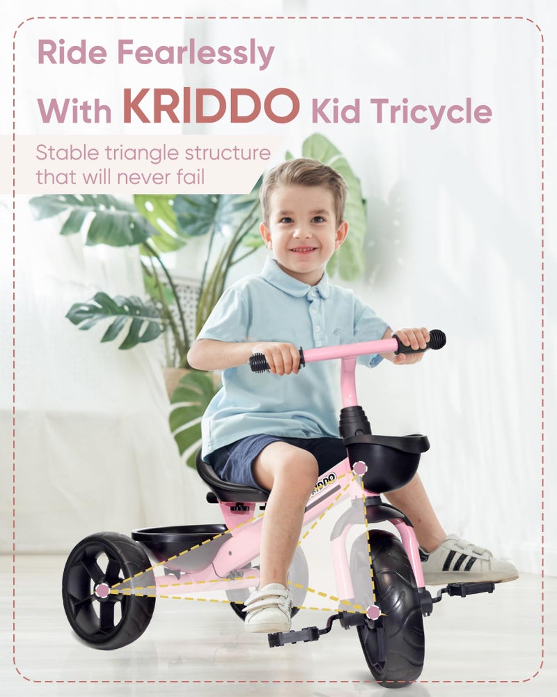 KRIDDO Kids Tricycles Age 24 Month to 4 Years, Toddler Kids Trike for 2.5 to 5 Year Old, Gift Toddler Tricycles for 2-4 Year Olds, Trikes for Toddlers, Sporty Styling, Pink - Image 3