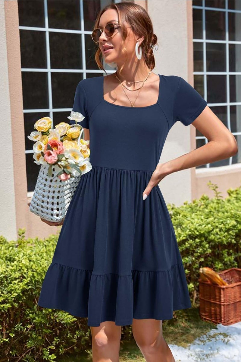 Newshows Women's 2026 Summer Dress Square Neck A Line Flowy Beach Vacation Sundress Semi-Formal Work Business Teacher Outfits with Pockets(Navy,L) - Image 2