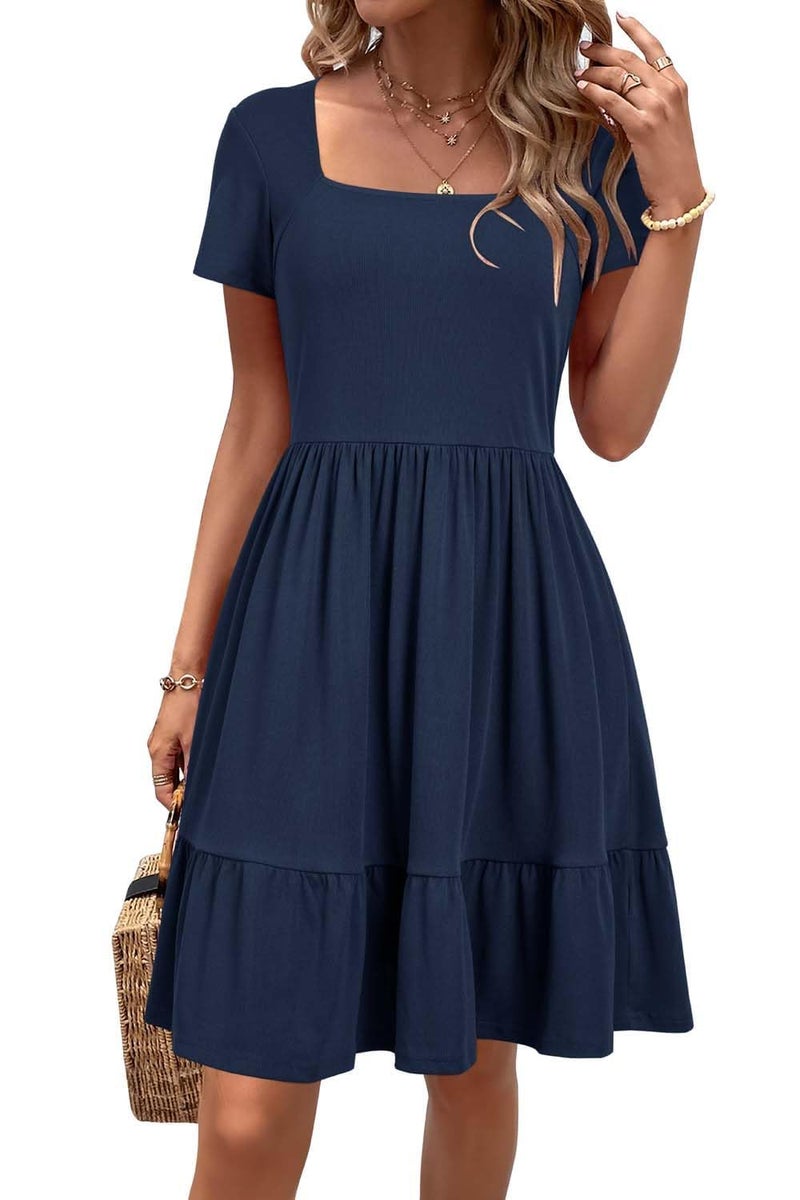 Newshows Women's 2026 Summer Dress Square Neck A Line Flowy Beach Vacation Sundress Semi-Formal Work Business Teacher Outfits with Pockets(Navy,L) - Image 1
