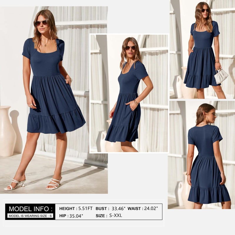 Newshows Women's 2026 Summer Dress Square Neck A Line Flowy Beach Vacation Sundress Semi-Formal Work Business Teacher Outfits with Pockets(Navy,L) - Image 3