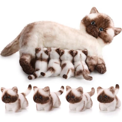 Skylety Nurturing Siamese Cat Stuffed Animal with 4 Baby Kittens Cat Baby Stuffed Animals Plushy Mommy Kitty with Plush Kittens for Birthday Party Favors Gifts - Image 1