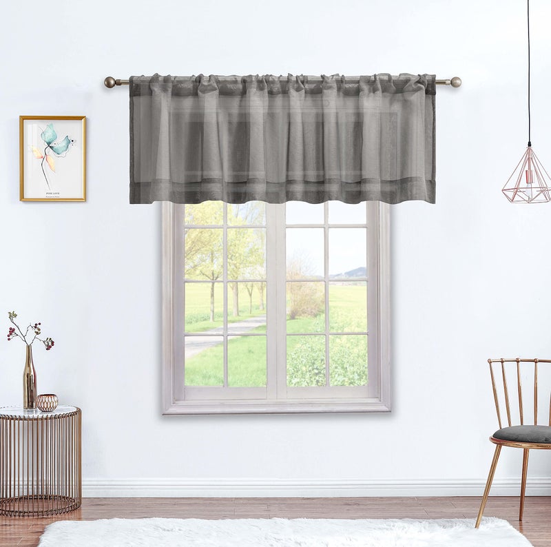 July Joy Grey Sheer Valance Curtains for Kitchen 18 Inch Length Rod Pocket Window Drapes Faux Linen Semi Sheer Small Curtains for Bathroom Basement W 60 x L 18 inch 2 Panels