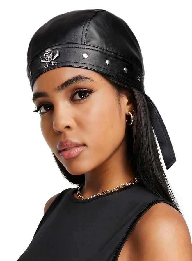 Heerf Leather Cap Cycling Bandana Motorcycle Biker Hat Adjustable Doo Rags for Men and Women Skull Rivets - Image 1