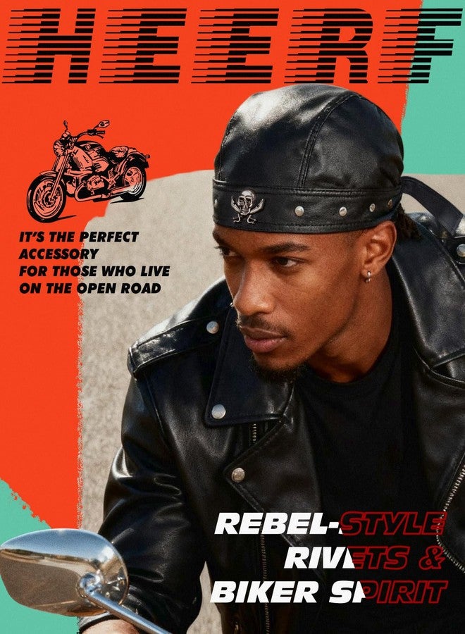 Heerf Leather Cap Cycling Bandana Motorcycle Biker Hat Adjustable Doo Rags for Men and Women Skull Rivets - Image 2