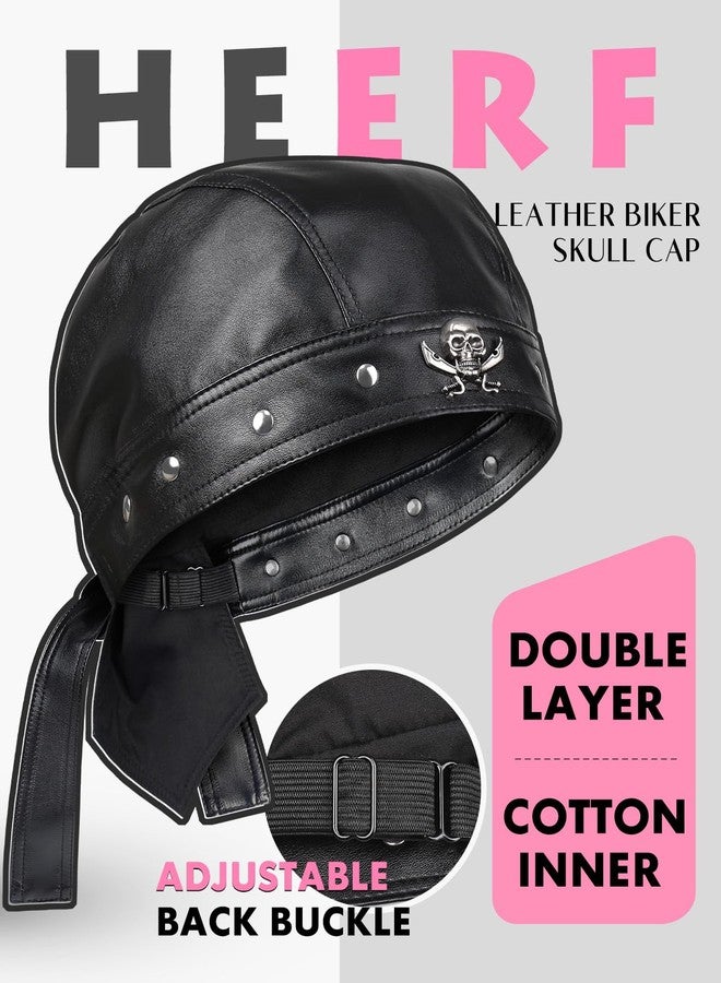 Heerf Leather Cap Cycling Bandana Motorcycle Biker Hat Adjustable Doo Rags for Men and Women Skull Rivets - Image 3