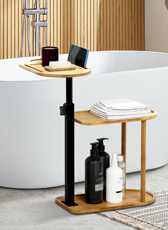 WALALLA 3 Layer Wood Bathtub Tray Table, Freestanding Bamboo Bath Tray Caddy, Metal Bath Table Tray Tub Shelf, Height Adjustable Bathroom Organizer Shelf, Rotatable Bathtub Side Table with Cup Holder - Image 1