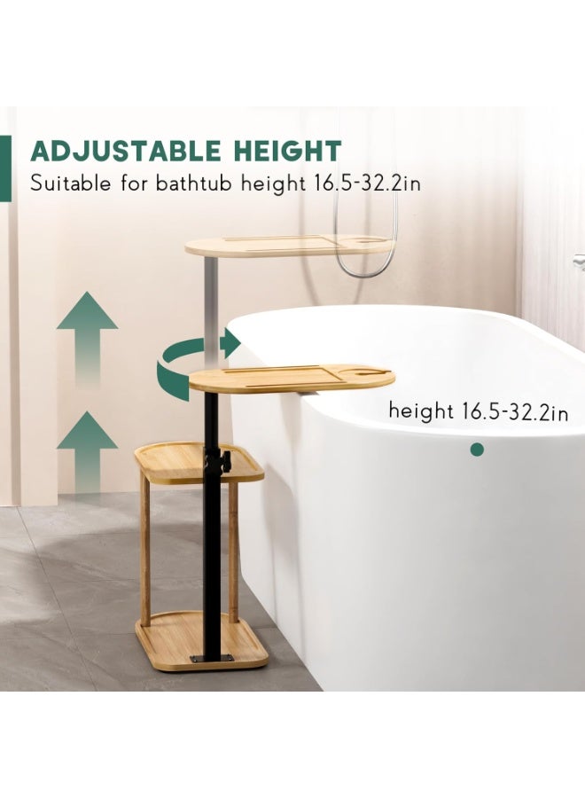WALALLA 3 Layer Wood Bathtub Tray Table, Freestanding Bamboo Bath Tray Caddy, Metal Bath Table Tray Tub Shelf, Height Adjustable Bathroom Organizer Shelf, Rotatable Bathtub Side Table with Cup Holder - Image 3