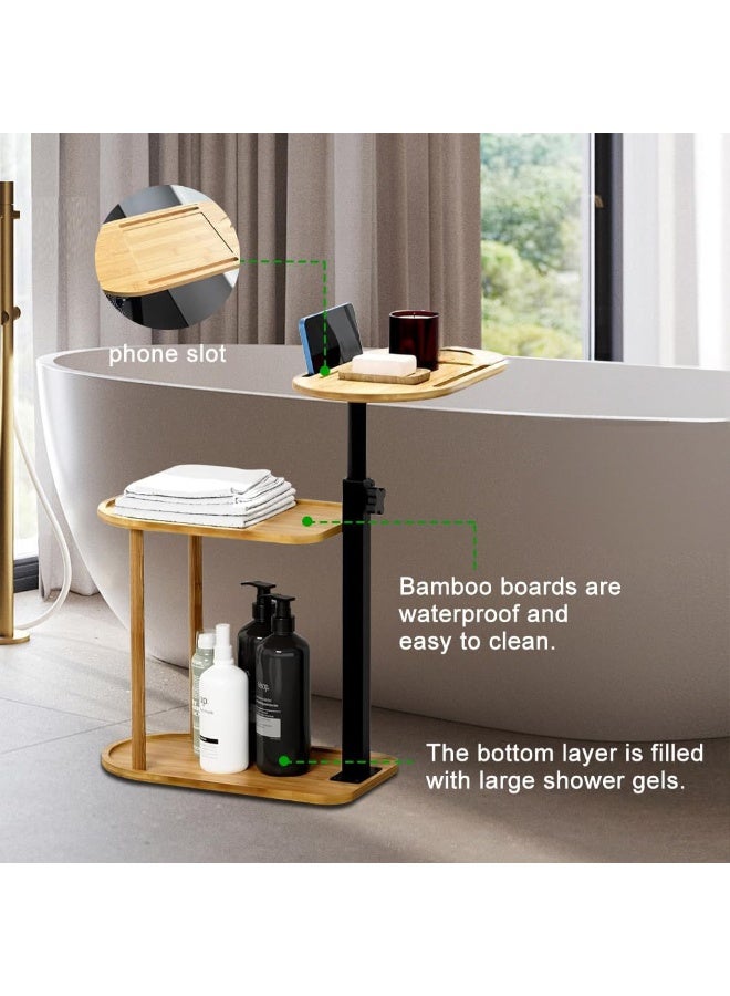 WALALLA 3 Layer Wood Bathtub Tray Table, Freestanding Bamboo Bath Tray Caddy, Metal Bath Table Tray Tub Shelf, Height Adjustable Bathroom Organizer Shelf, Rotatable Bathtub Side Table with Cup Holder - Image 2