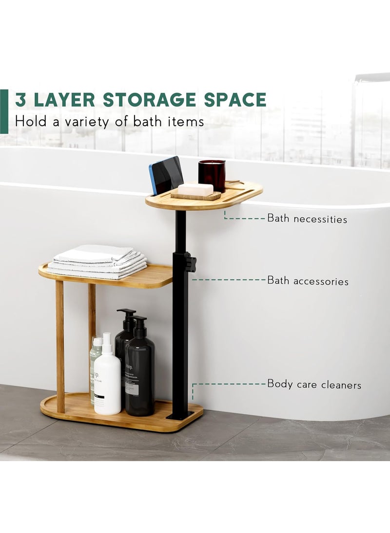 WALALLA 3 Layer Wood Bathtub Tray Table, Freestanding Bamboo Bath Tray Caddy, Metal Bath Table Tray Tub Shelf, Height Adjustable Bathroom Organizer Shelf, Rotatable Bathtub Side Table with Cup Holder - Image 5