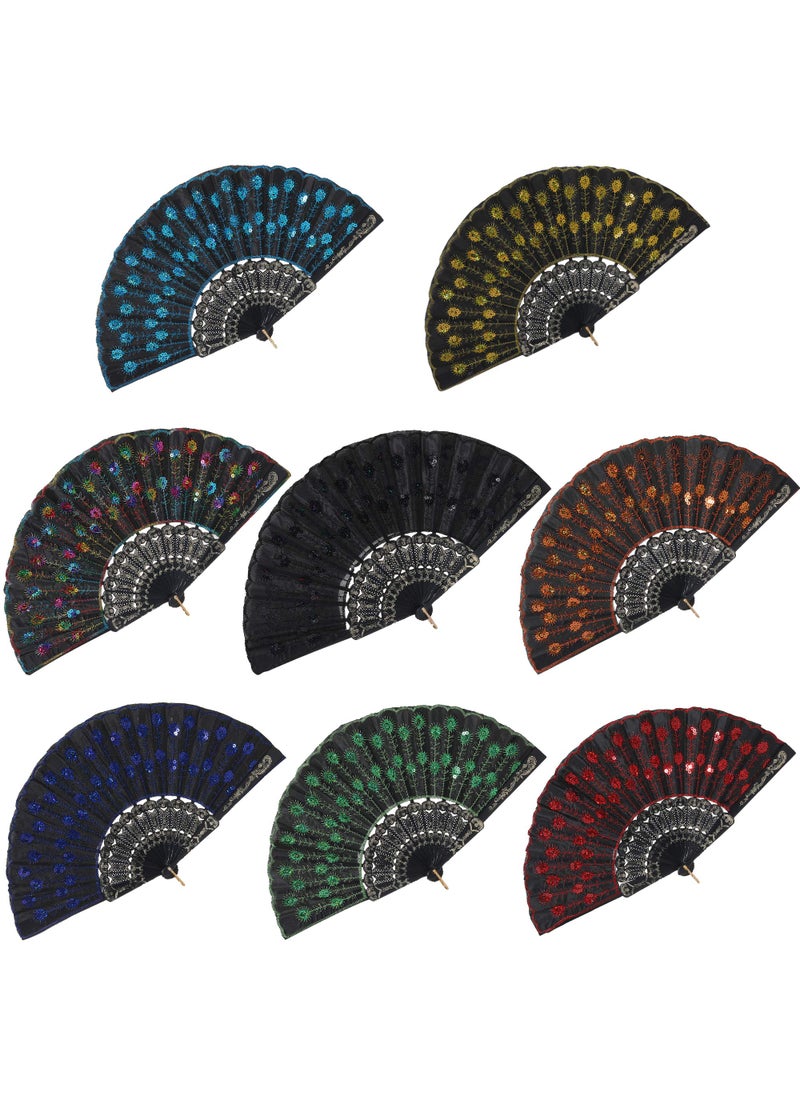 BABEYOND BABEYOND 8pcs Vintage Folding Hand Fan Embroidered Sequins Handheld Folding Fan Fabric Folding Fan for Wedding Dancing Party Color Random Selected with Embroidered Sequins 