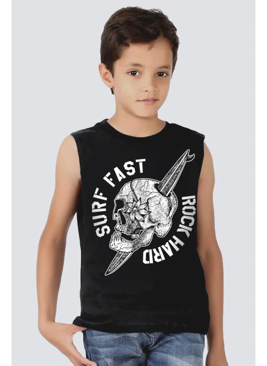 Rock&Roll Surf Skull Black Cut Sleeve | Sleeveless Girls Boys Unisex Kids T-Shirt | Undershirt