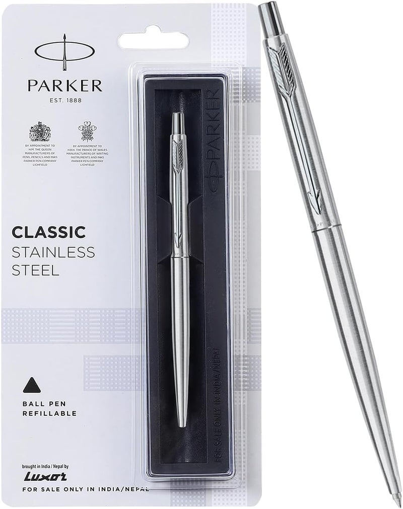 Parker Classic Stainless Steel Chrome Trim Ball Pen - Blue Ink - Image 1