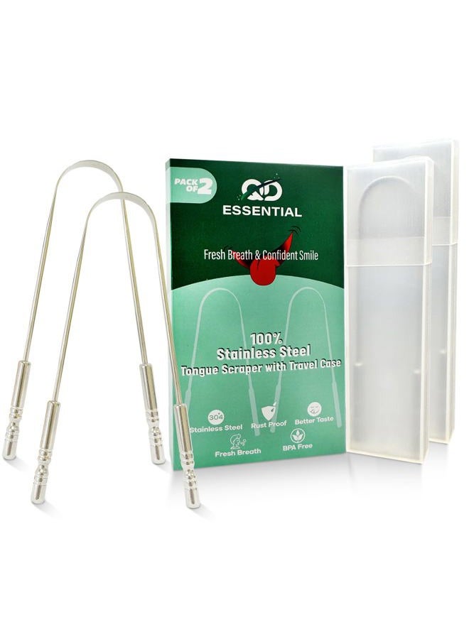 QD Essential Tongue Scraper with Travel Case (Two Pack)| Prevent Bad Breath with Easy To Carry Tongue Cleaner |100% Stainless Steel Tongue Scrubber for Daily Hygiene & Oral Care - Image 1