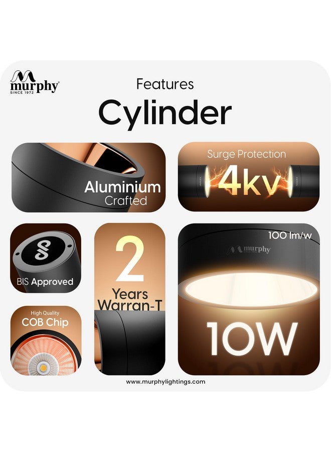 Murphy Aluminium 10W Black Body Cylindrical Surface Mounted Spot Light Down Light (Warm White, Pack Of 8) - Image 3