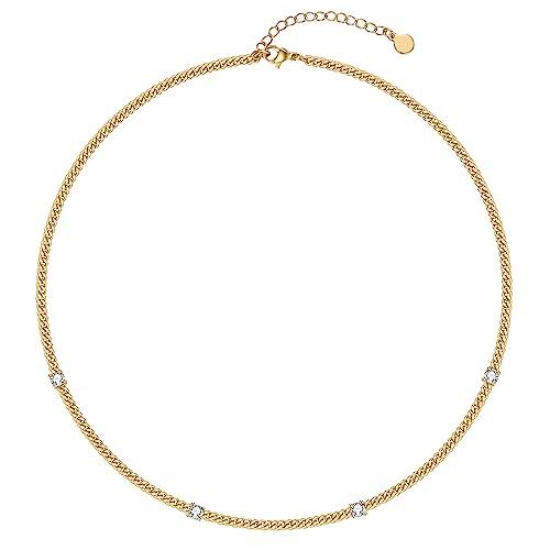 NUZON 18K Gold Plated 4 CZ Station Necklace for Women White Stone by the yard Necklaces 3mm Cuban Curb Link Chain Dainty Layering Jewelry 16.5’’ - Image 1