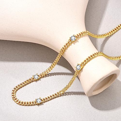 NUZON 18K Gold Plated 4 CZ Station Necklace for Women White Stone by the yard Necklaces 3mm Cuban Curb Link Chain Dainty Layering Jewelry 16.5’’ - Image 5