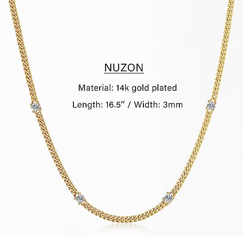 NUZON 18K Gold Plated 4 CZ Station Necklace for Women White Stone by the yard Necklaces 3mm Cuban Curb Link Chain Dainty Layering Jewelry 16.5’’ - Image 4