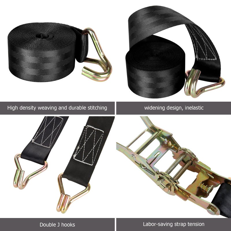 LISHINE 4 Pack 2 Inch Ratchet Straps Heavy Duty 20ft Tie Down Straps Ratchet with Double J Hook, 8000 LBS Break Strength, Cargo Ratchet Straps for Truck, Trailers, Motorcycle, Kayaks, Car Roof - Image 3