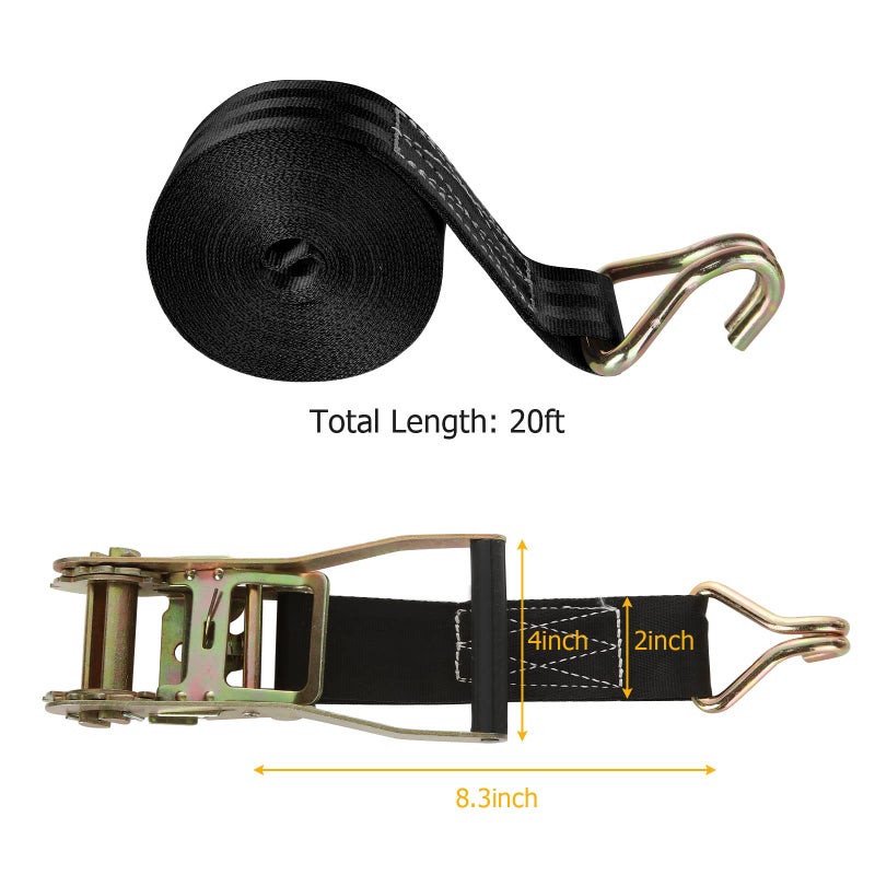 LISHINE 4 Pack 2 Inch Ratchet Straps Heavy Duty 20ft Tie Down Straps Ratchet with Double J Hook, 8000 LBS Break Strength, Cargo Ratchet Straps for Truck, Trailers, Motorcycle, Kayaks, Car Roof - Image 2