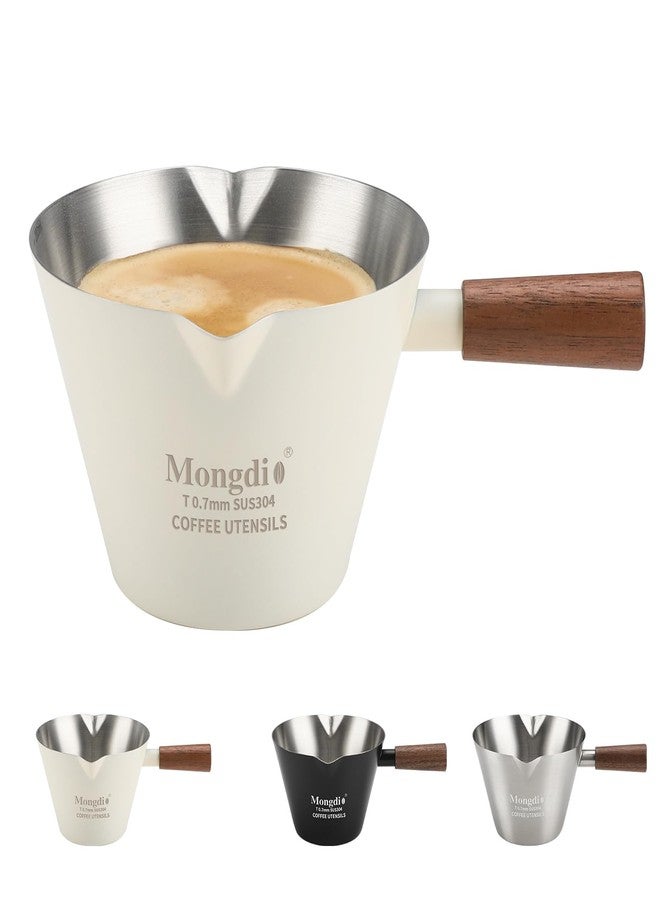 Mongdio Espresso Measuring Cup, Stainless Steel Espresso Shot Cups with Wooden Handle and Double Spouts, 6.8OZ/200ML, White - Image 1