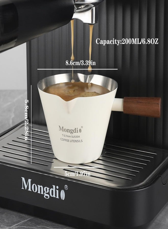 Mongdio Espresso Measuring Cup, Stainless Steel Espresso Shot Cups with Wooden Handle and Double Spouts, 6.8OZ/200ML, White - Image 4