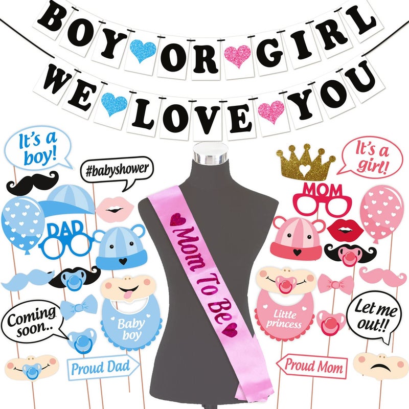 WOBBOX مجموعة حفلة استحمام الأطفال WOBBOX من 30 قطعة مع لافتة بنغو زرقاء ووردية "نحن نحبك"، مع شريط وردي فاتح للأم المنتظرة، عنصر ديكور لحفلة استحمام الأطفال (عبوة من 3) - Image 1