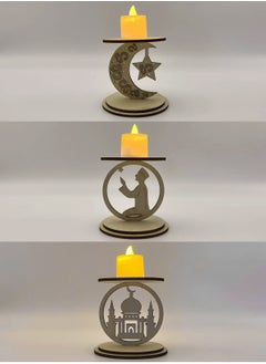 LOOPITYS Ramadan Decorative LED Candles, with three styles in one package: Ramadan Decorative LED Candle with Wooden Base, Wooden Candlestick with LED Candle, Muslim LED Candle, Wooden Lamp for Ramadan Decoration  - Image 1