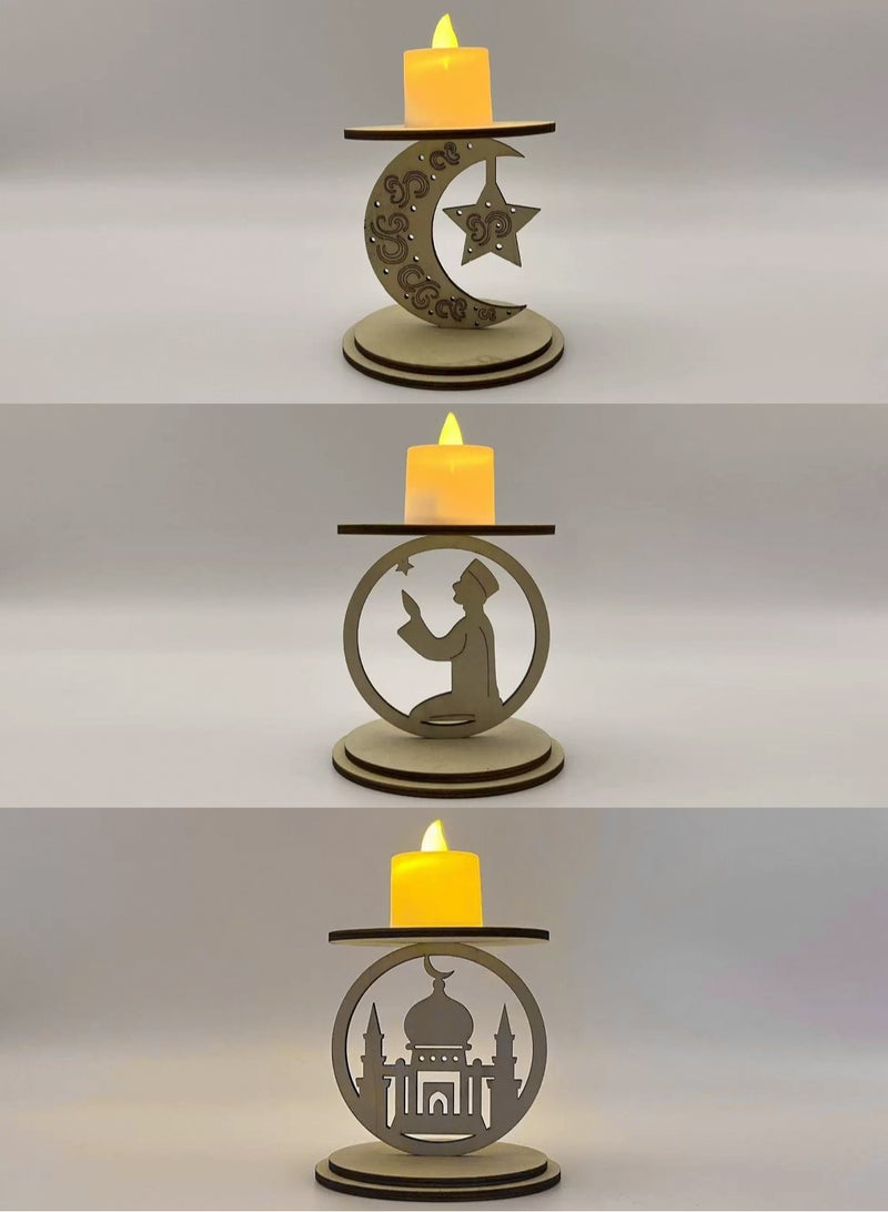 LOOPITYS Ramadan Decorative LED Candles, with three styles in one package: Ramadan Decorative LED Candle with Wooden Base, Wooden Candlestick with LED Candle, Muslim LED Candle, Wooden Lamp for Ramadan Decoration - Image 1