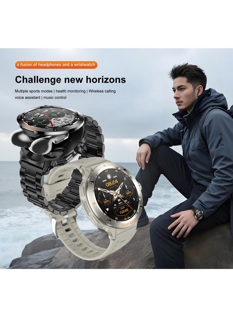 ساعة ذكية مع سماعات أذن 2 في 1 ساعة ذكية لاسلكية مزودة بسماعات بلوتوث، شاشة لمس عالية الدقة كبيرة 1.47 بوصة، NFC، جهاز تتبع اللياقة البدنية والصحة والنوم، مشغل تحكم بالموسيقى، أوضاع رياضية للمكتب والمنزل والرياضة في الهواء الطلق - Image 2