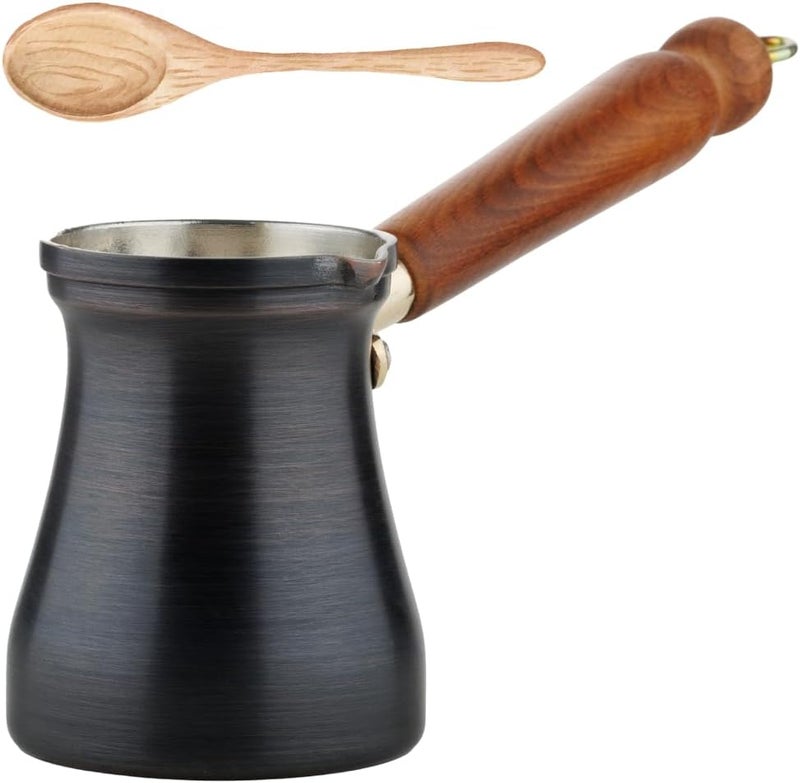 DEMMEX Summer 2024 Brushed Copper Turkish Coffee Pot, Cezve Ibrik Briki, Stovetop Greek Arabic Coffee Maker, Copper & Wooden Handle & Tin Lining, 100% Handcrafted (Patina, 8 fl Oz/2-3 ppl) - Image 1