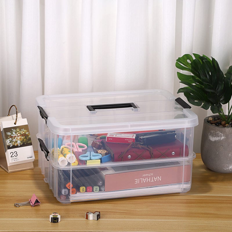 BTSKY 2 Layer Stack & Carry Box, Plastic Multipurpose Portable Storage Container Box Handled Organizer Storage Box for Organizing Stationery, Sewing, Art Craft, Jewelry and Beauty Supplies Black - Image 5