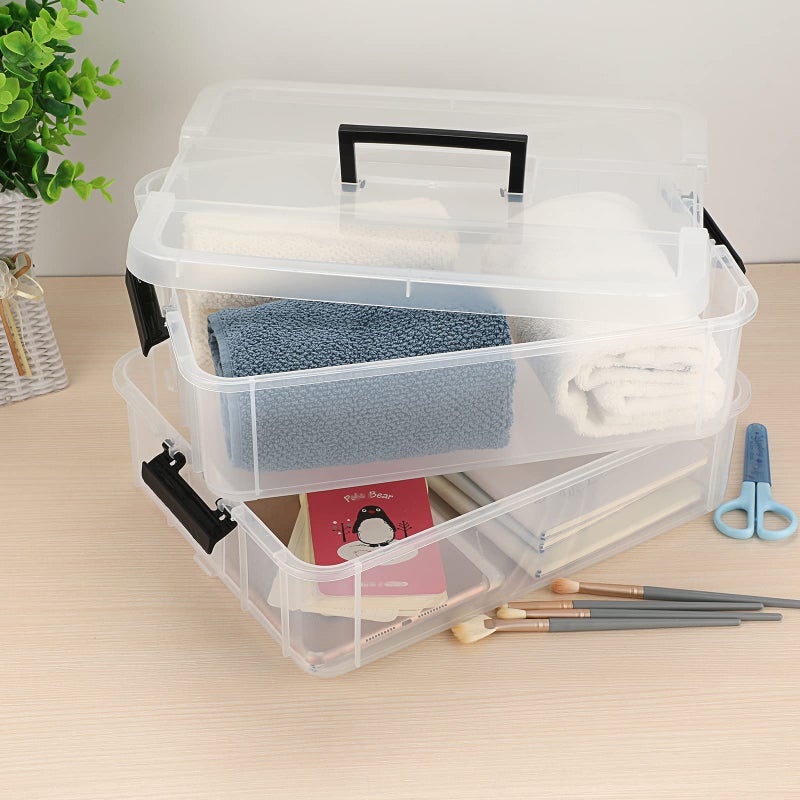 BTSKY 2 Layer Stack & Carry Box, Plastic Multipurpose Portable Storage Container Box Handled Organizer Storage Box for Organizing Stationery, Sewing, Art Craft, Jewelry and Beauty Supplies Black - Image 2