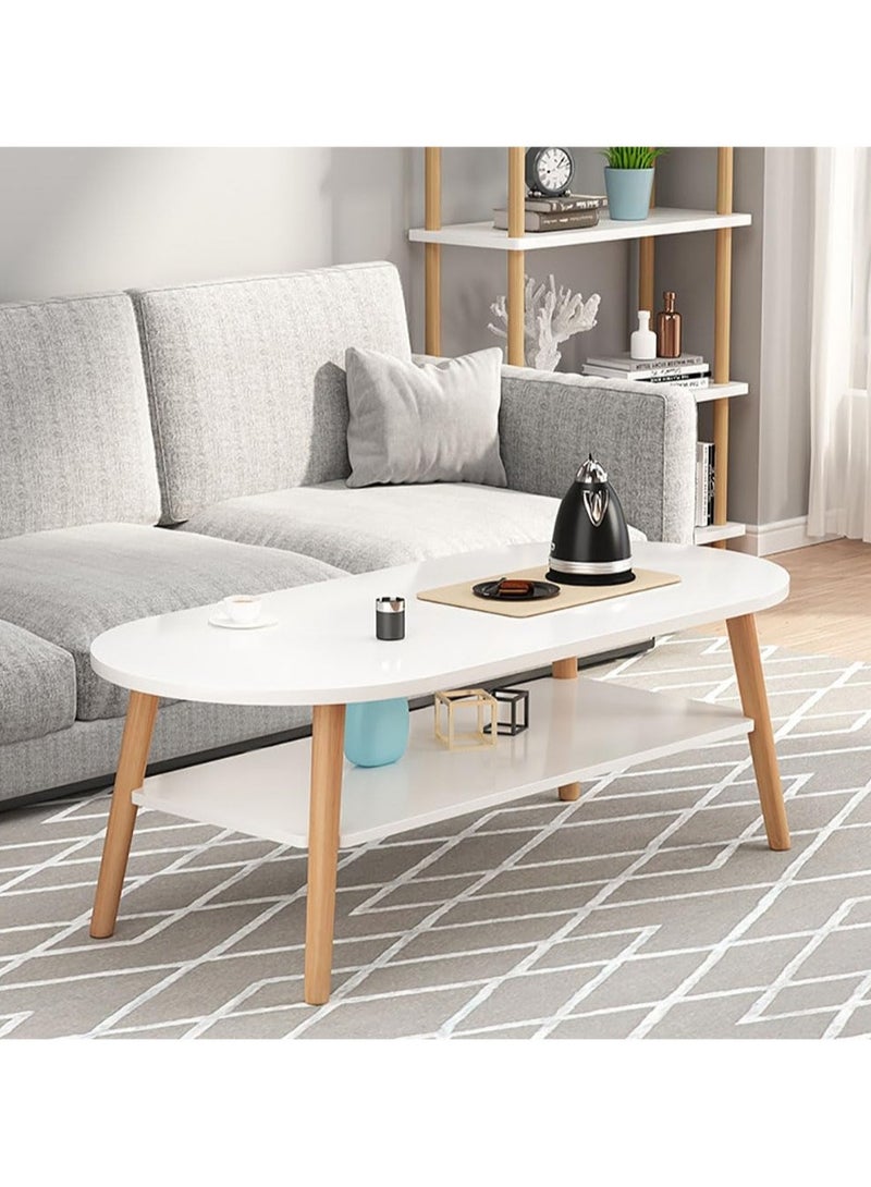 TOMSHOO طاولة قهوة عصرية مستطيلة طاولة شاي 2 طبقة طاولة جانبية للكنبة أرجل خشبية بيضاء طاولة صغيرة مع رف تخزين مفتوح للمنزل وغرفة المعيشة والمكتب (100 * 50 سم، أبيض) - Image 1