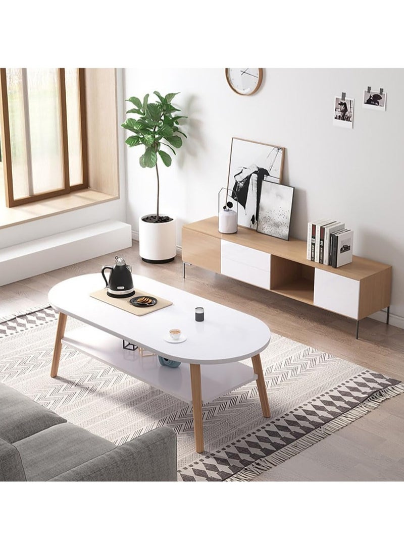 TOMSHOO طاولة قهوة عصرية مستطيلة طاولة شاي 2 طبقة طاولة جانبية للكنبة أرجل خشبية بيضاء طاولة صغيرة مع رف تخزين مفتوح للمنزل وغرفة المعيشة والمكتب (100 * 50 سم، أبيض) - Image 3