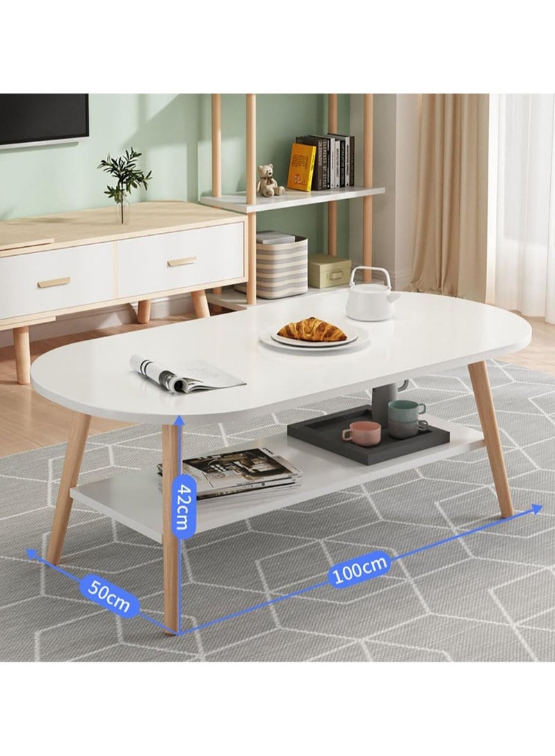 TOMSHOO طاولة قهوة عصرية مستطيلة طاولة شاي 2 طبقة طاولة جانبية للكنبة أرجل خشبية بيضاء طاولة صغيرة مع رف تخزين مفتوح للمنزل وغرفة المعيشة والمكتب (100 * 50 سم، أبيض) - Image 2