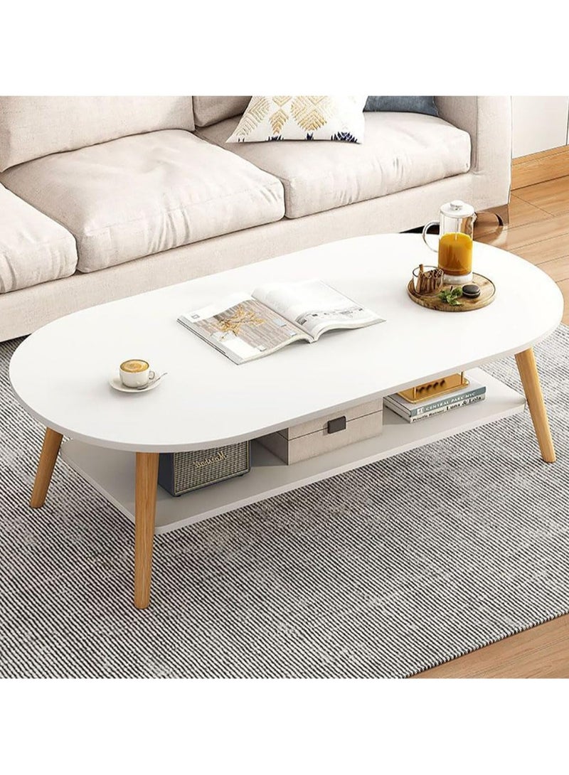 TOMSHOO طاولة قهوة عصرية مستطيلة طاولة شاي 2 طبقة طاولة جانبية للكنبة أرجل خشبية بيضاء طاولة صغيرة مع رف تخزين مفتوح للمنزل وغرفة المعيشة والمكتب (100 * 50 سم، أبيض) - Image 4