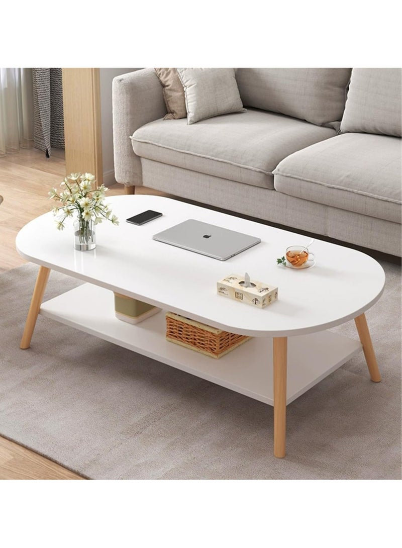 TOMSHOO طاولة قهوة عصرية مستطيلة طاولة شاي 2 طبقة طاولة جانبية للكنبة أرجل خشبية بيضاء طاولة صغيرة مع رف تخزين مفتوح للمنزل وغرفة المعيشة والمكتب (100 * 50 سم، أبيض) - Image 5