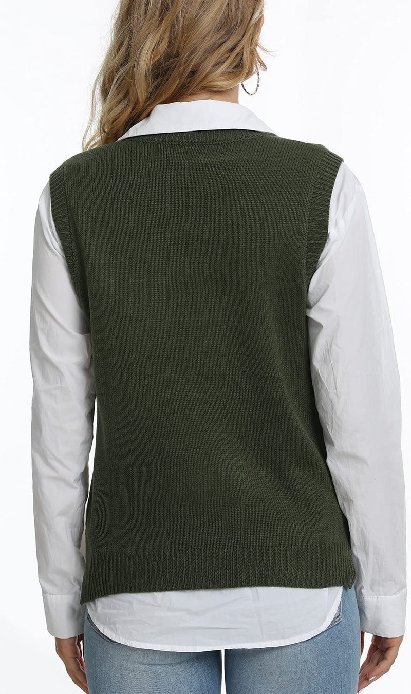 Lailezou Women's V Neck Knit Sweater Vest Argyle Plaid Preppy Style Sleeveless Crop Knitwear Tank Green - Image 5