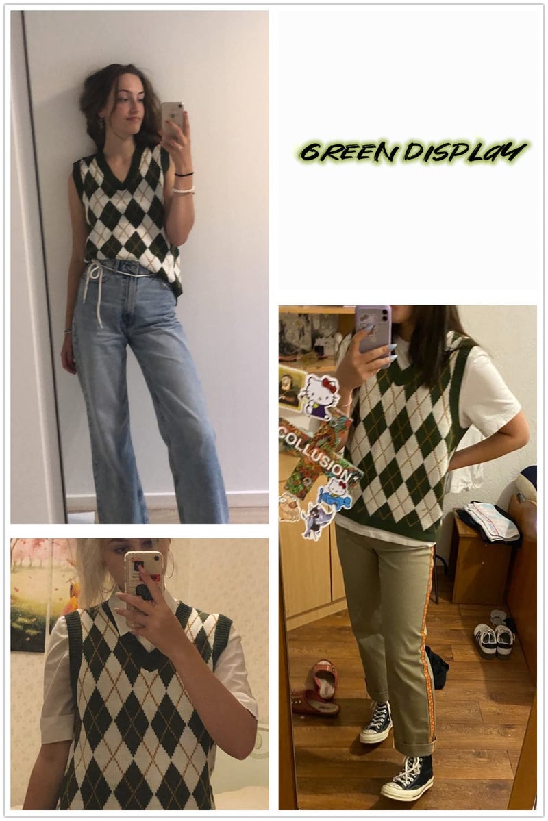 Lailezou Women's V Neck Knit Sweater Vest Argyle Plaid Preppy Style Sleeveless Crop Knitwear Tank Green - Image 2