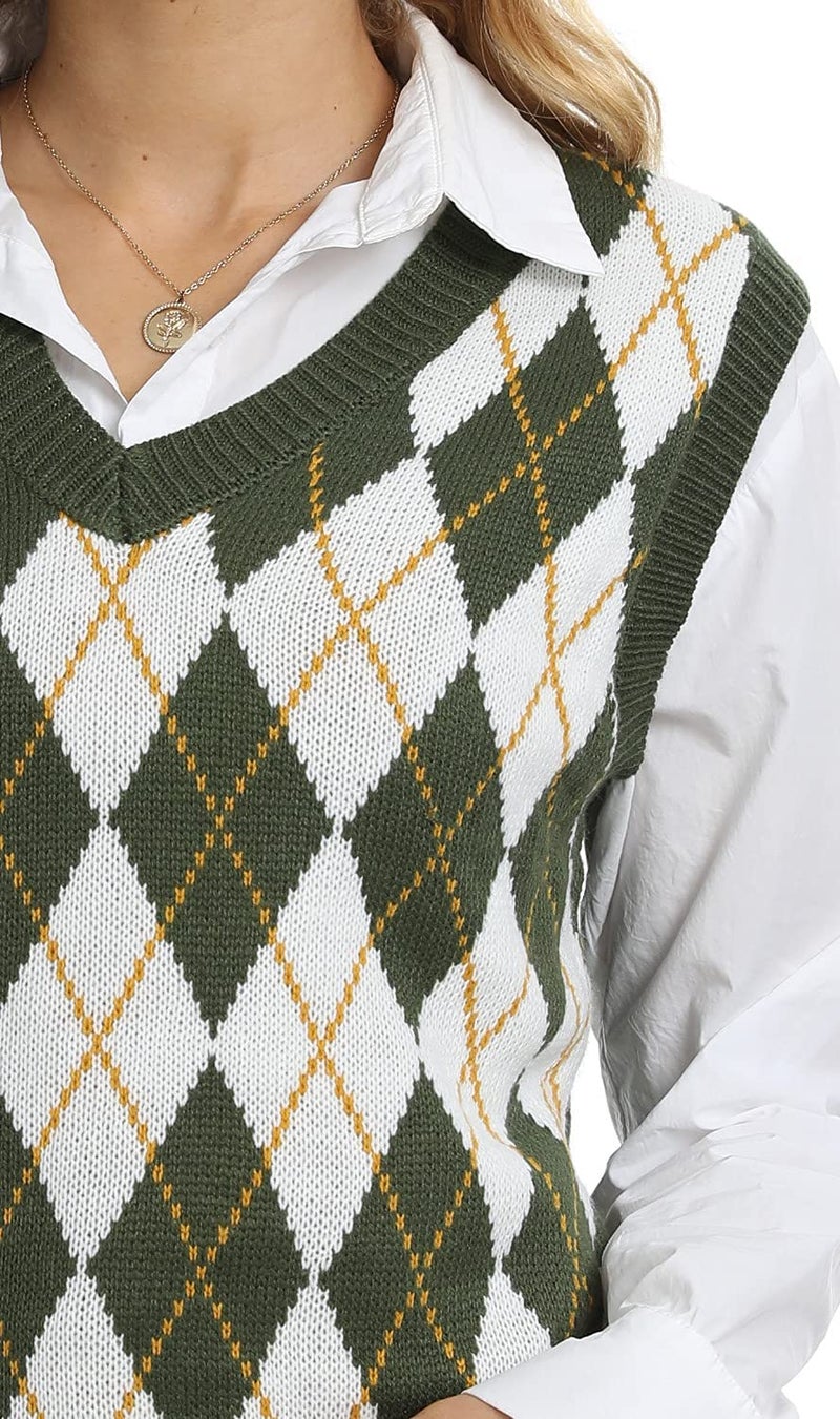 Lailezou Women's V Neck Knit Sweater Vest Argyle Plaid Preppy Style Sleeveless Crop Knitwear Tank Green - Image 4