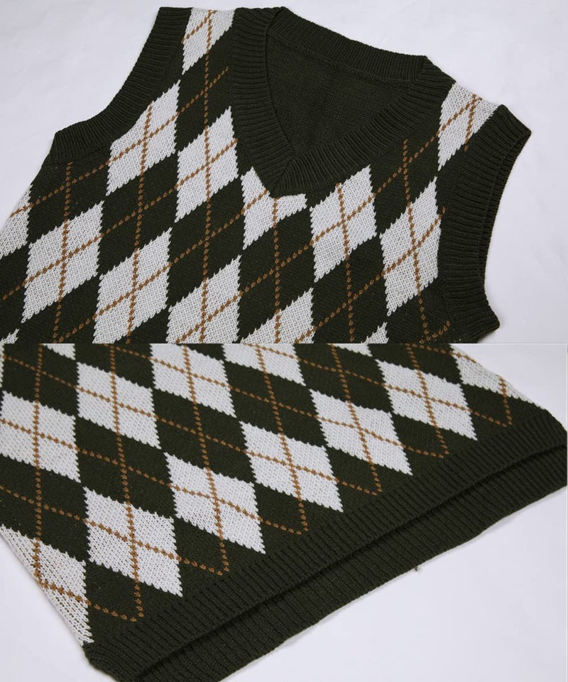 Lailezou Women's V Neck Knit Sweater Vest Argyle Plaid Preppy Style Sleeveless Crop Knitwear Tank Green - Image 3
