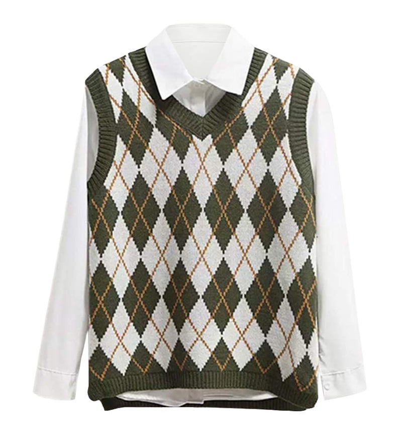 Lailezou Women's V Neck Knit Sweater Vest Argyle Plaid Preppy Style Sleeveless Crop Knitwear Tank Green - Image 1