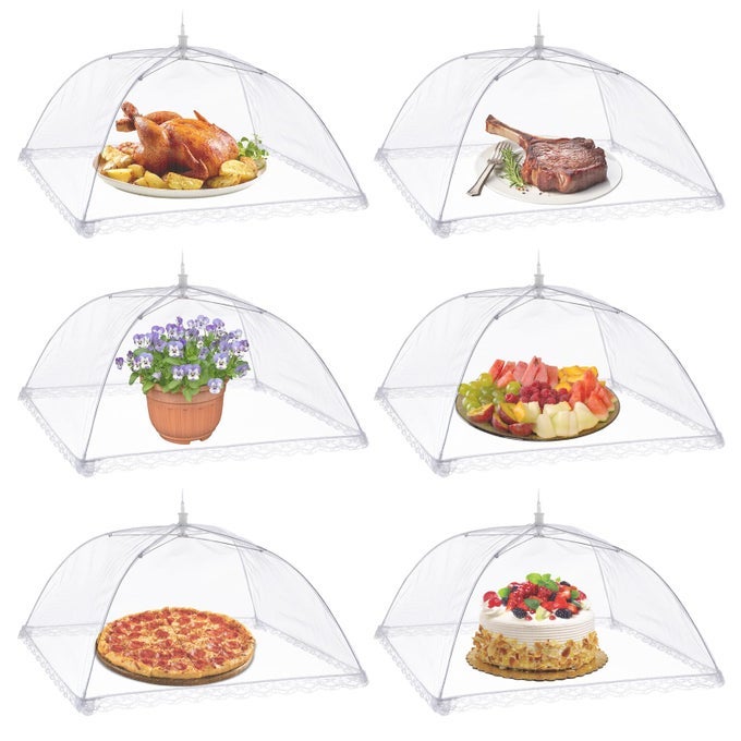 FOOD COVERS 17 INCH MESH POP UP FOOD COVER CAKE DOMES FOR OUTDOORS SCREEN TENTS PARTIES PICNICS BBQS REUSABLE AND COLLAPSIBLE 6 PACK