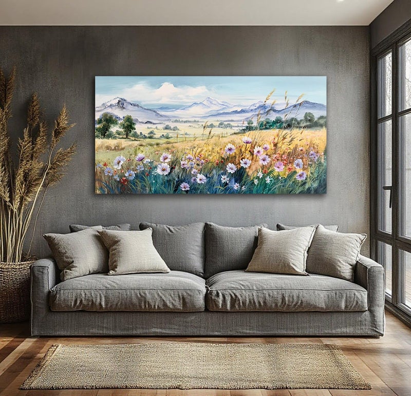 Anolyfi Rustic Farmhouse Canvas Wall Art Large Abstract Wildflower Landscape Painting Florals Mountain Picture, Textured Artwork Framed for Living Room Bedroom Bathroom Office Home Decor 40"x20" - Image 3