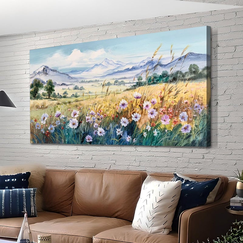 Anolyfi Rustic Farmhouse Canvas Wall Art Large Abstract Wildflower Landscape Painting Florals Mountain Picture, Textured Artwork Framed for Living Room Bedroom Bathroom Office Home Decor 40"x20" - Image 1