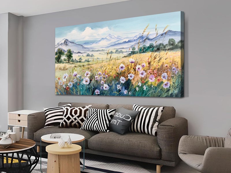 Anolyfi Rustic Farmhouse Canvas Wall Art Large Abstract Wildflower Landscape Painting Florals Mountain Picture, Textured Artwork Framed for Living Room Bedroom Bathroom Office Home Decor 40"x20" - Image 5