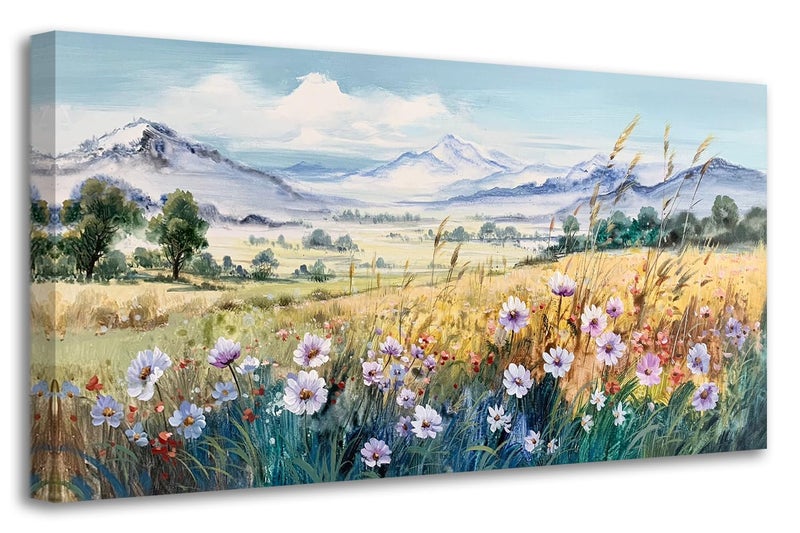 Anolyfi Rustic Farmhouse Canvas Wall Art Large Abstract Wildflower Landscape Painting Florals Mountain Picture, Textured Artwork Framed for Living Room Bedroom Bathroom Office Home Decor 40"x20" - Image 2