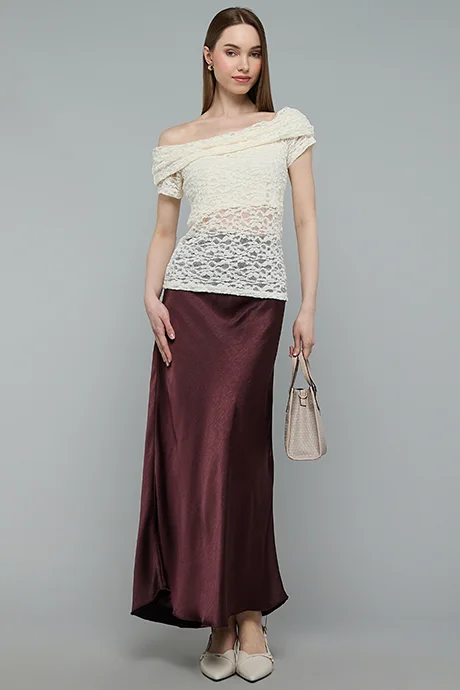 أر أند بي Solid Satin Skirt with Zipper Closure